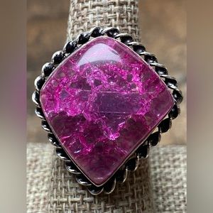 New Pink Crack Crystal or Acrylic Silver Overlay Ring Size 7.75